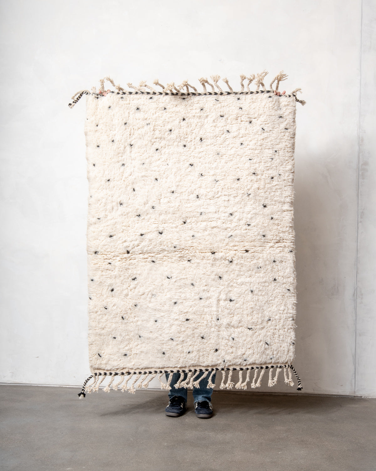 Modern, designer, handcrafted Berber rug from Morocco. Beniourain carpet with beautiful colours and patterns and fluffy wool texture.